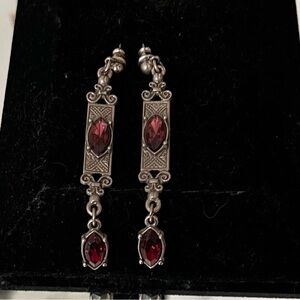 Exquisite Antique Silver with Garnet and Ruby Colored Stoned Pierced Earrings